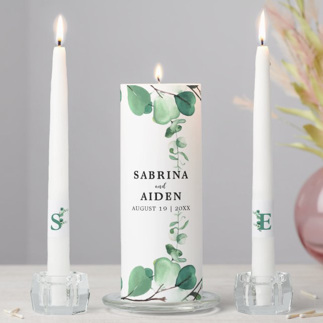 Elegant Sage Green Eucalyptus Foliage Wedding  Unity Candle Set (In Situ)