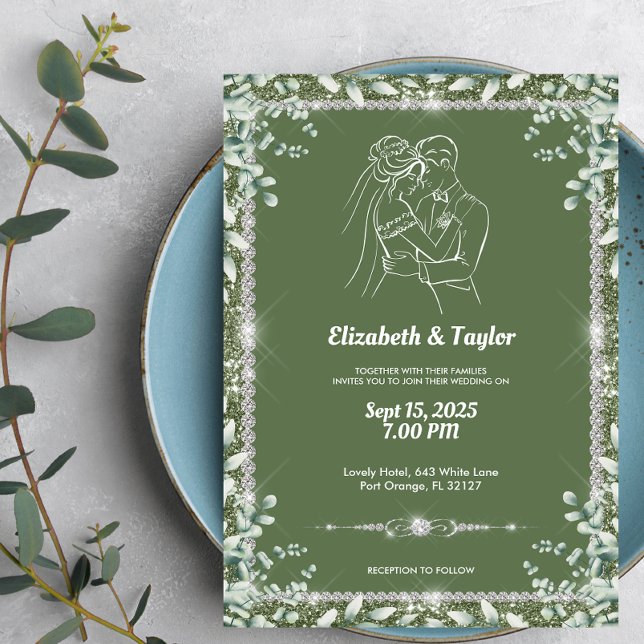 Elegant Sage Green Eucalyptus Glitter Wedding  Invitation (Creator Uploaded)