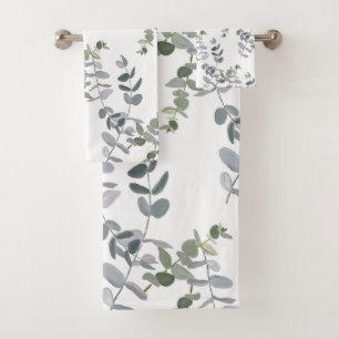 Elegant Sage Green Eucalyptus Leaves Pattern Bath Towel Set