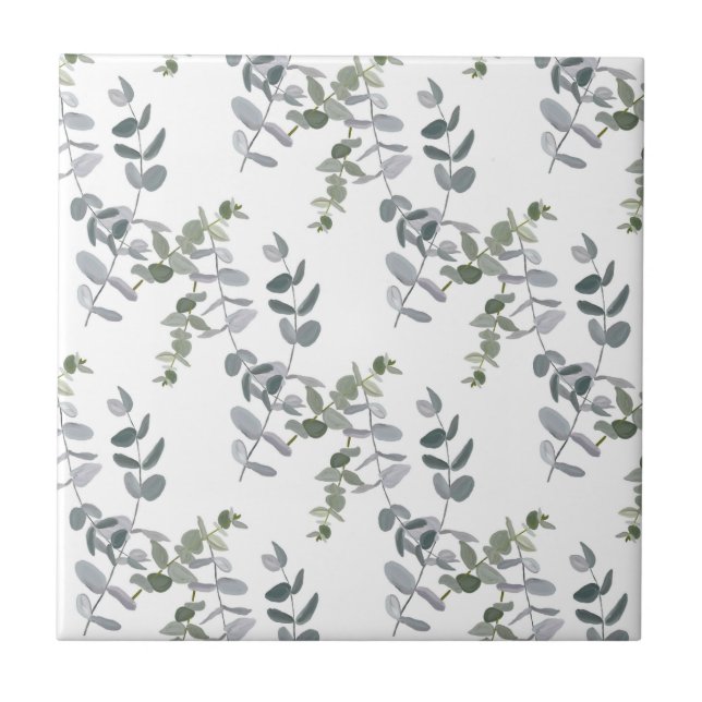 Elegant Sage Green Eucalyptus Leaves Pattern Ceramic Tile (Front)