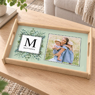 Elegant Sage Green Eucalyptus Monogram Photo Serving Tray