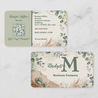 Elegant Sage Green Eucalyptus QR Business Card