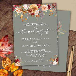 Elegant Sage Green Fall Floral Wedding Invitation