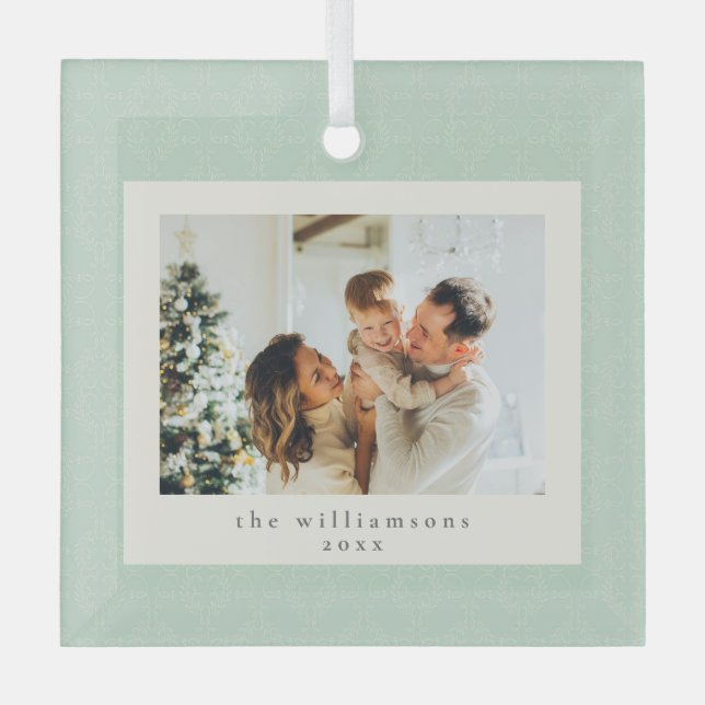 Elegant Sage Green Family Photo Keepsake Christmas Glass Ornament (Front)
