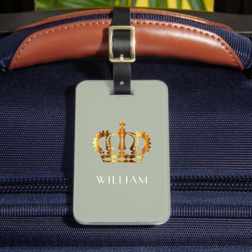 Elegant Sage Green Faux Gold Crown Luggage Tag