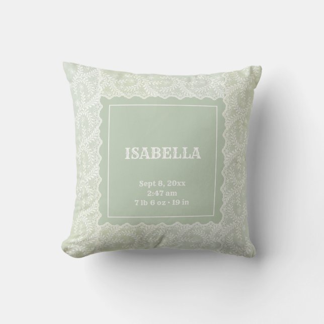Elegant Sage Green Faux Lace Gender Neutral Throw Pillow (Front)