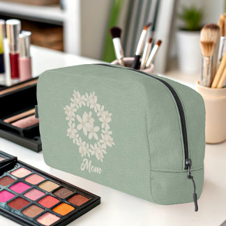 Elegant Sage Green Faux Leather Look Floral Wreath Dopp Kit