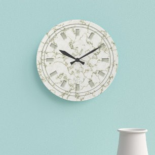 Elegant Sage Green Faux Marble Monogram Large Clock