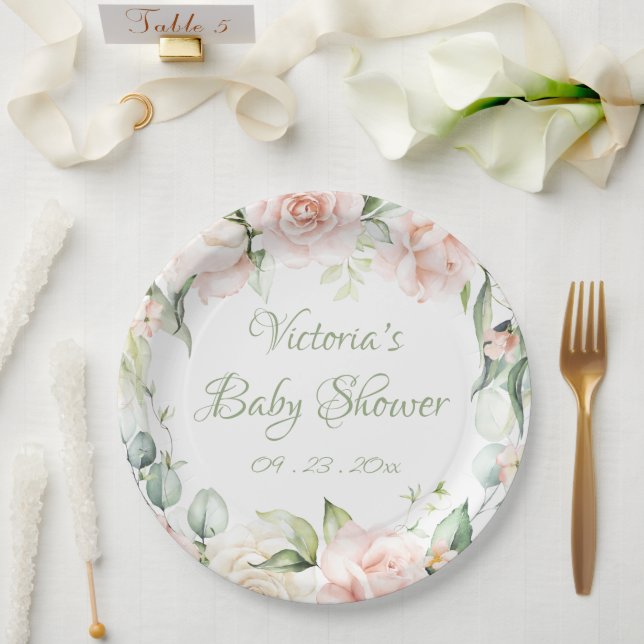 Elegant Sage Green Floral Baby Shower  Paper Plates (Wedding)