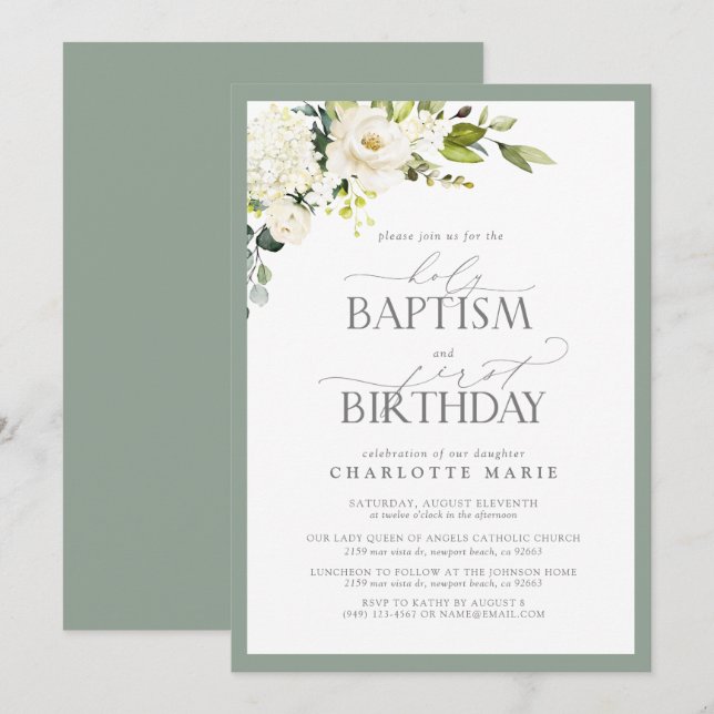 Elegant Sage Green Floral Baptism 1st Birthday  Invitation (Front/Back)