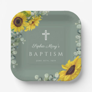 Elegant Sage Green Floral Baptism Paper Plates