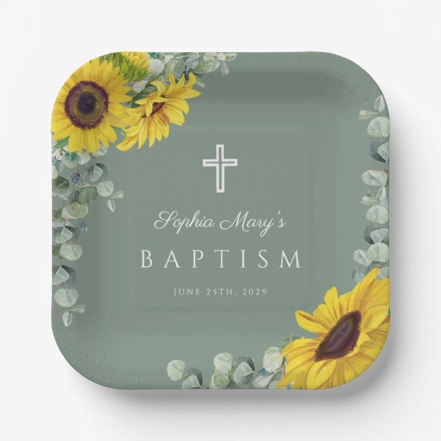 Elegant Sage Green Floral Baptism Paper Plates (Front)