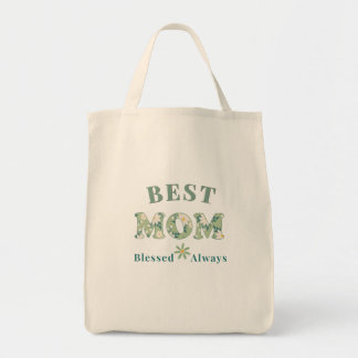 Elegant Sage Green Floral Best Mom Blessed Always Tote Bag