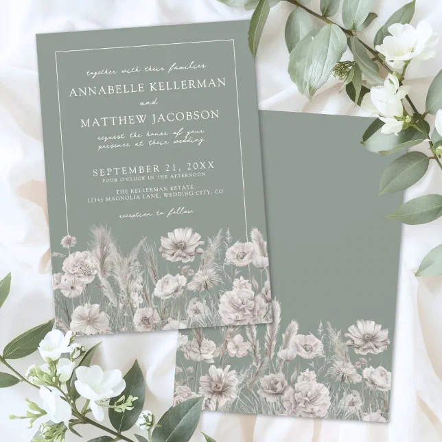Elegant Sage Green Floral Boho Wedding Invitation | Zazzle
