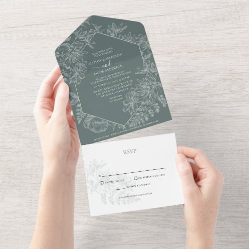 Elegant Sage Green Floral Botanical Wedding All In One Invitation