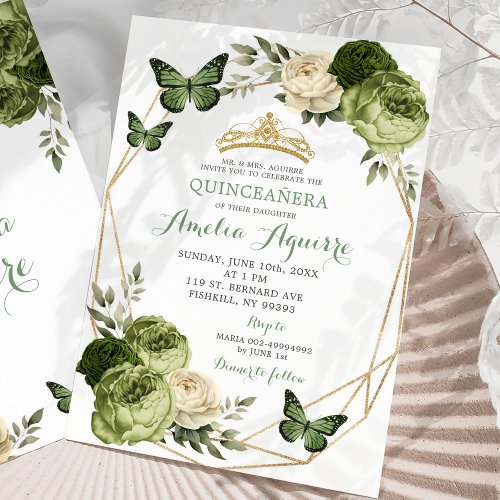 Elegant Sage Green Floral Butterfly Quinceaera Invitation