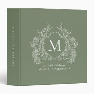 Elegant Sage Green Floral Crest Monogram Recipe 3 Ring Binder