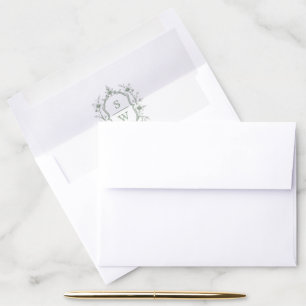 Elegant sage green floral crest monogram wedding envelope liner