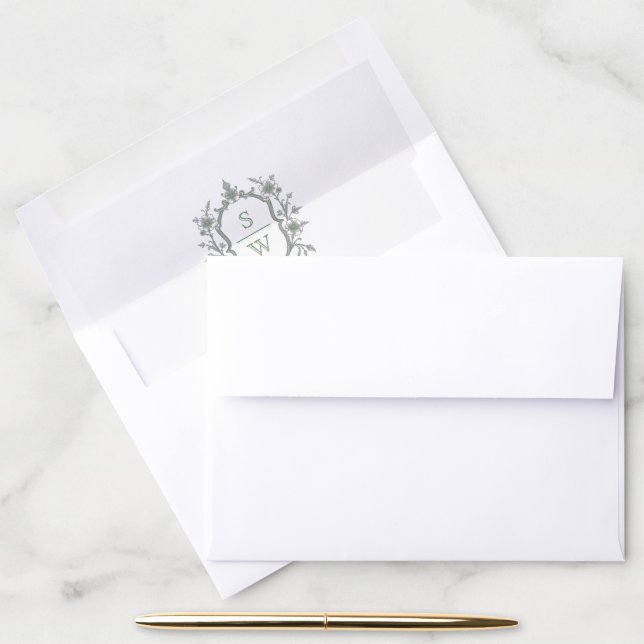 Elegant sage green floral crest monogram wedding envelope liner (Desk)