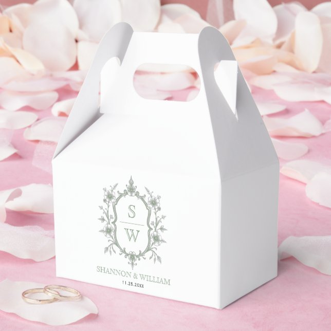 Elegant sage green floral crest monogram wedding favor boxes (Wedding)