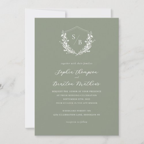 Elegant Sage Green Floral Crest Monogram Wedding Invitation