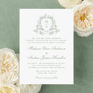 Elegant Sage Green Floral Crest Monogram Wedding Invitation