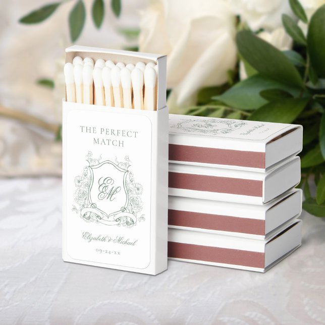Elegant Sage Green Floral Crest Monogram Wedding Matchboxes (Creator Uploaded)