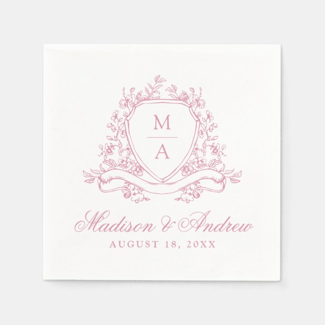 Elegant Sage Green Floral Crest Monogram Wedding Napkins (Front)