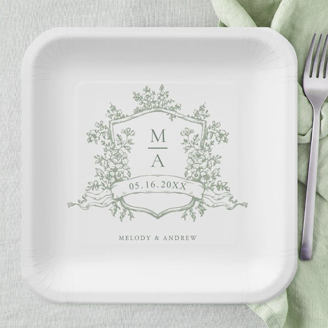 Elegant Sage Green  Floral Crest Monogram Wedding Paper Plates (Creator Uploaded)