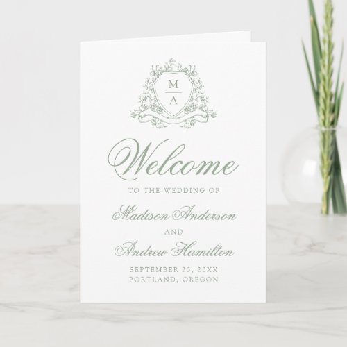 Elegant Sage Green Floral Crest Monogram Wedding Program