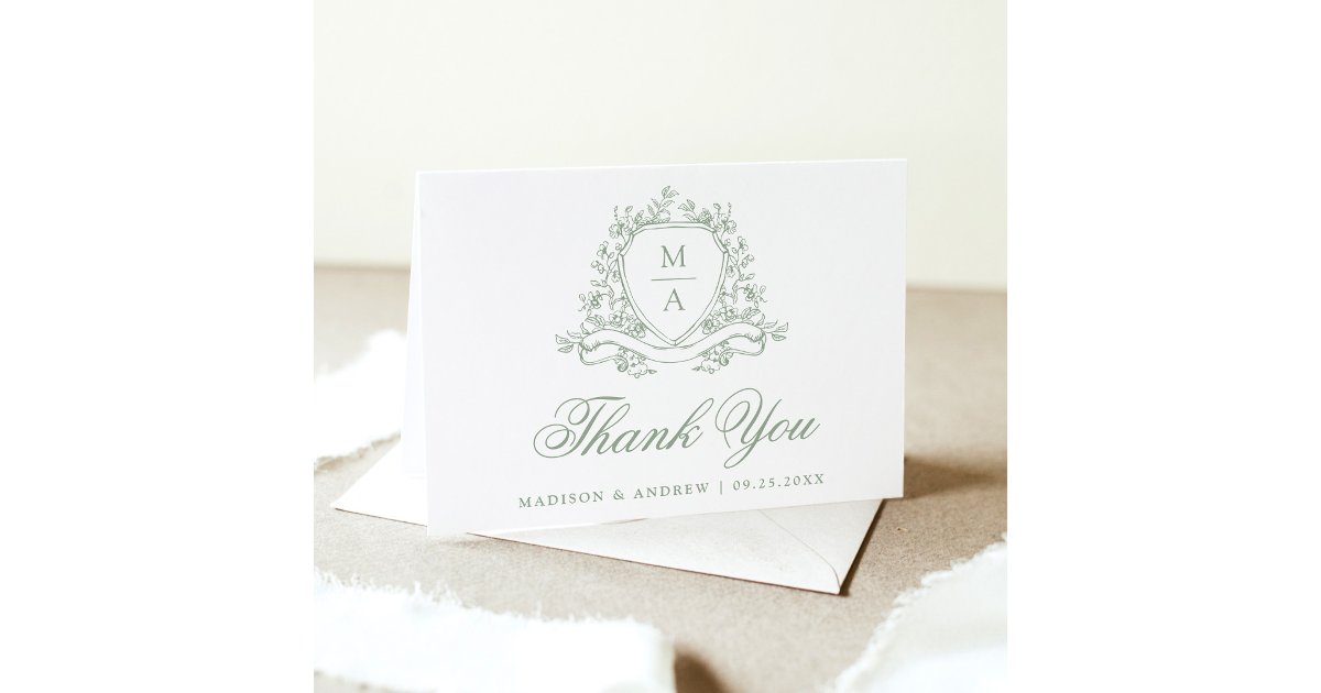 Elegant Sage Green Floral Crest Monogram Wedding Thank You Card | Zazzle