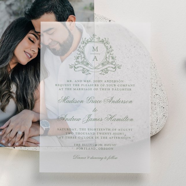 Elegant Sage Green Floral Crest Monogram Wedding Vellum Invitations (Creator Uploaded)