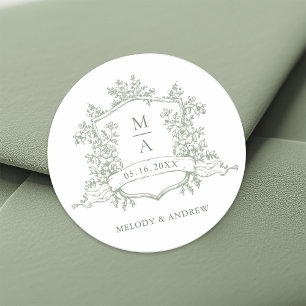 Elegant Sage Green Floral Crest Monograms Wedding Classic Round Sticker