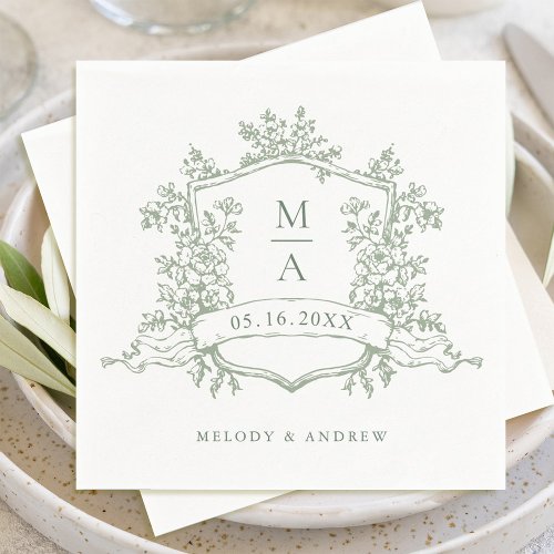 Elegant Sage Green Floral Crest Monograms Wedding