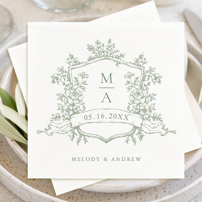 Elegant Sage Green Floral Crest Monograms Wedding Napkins (Creator Uploaded)