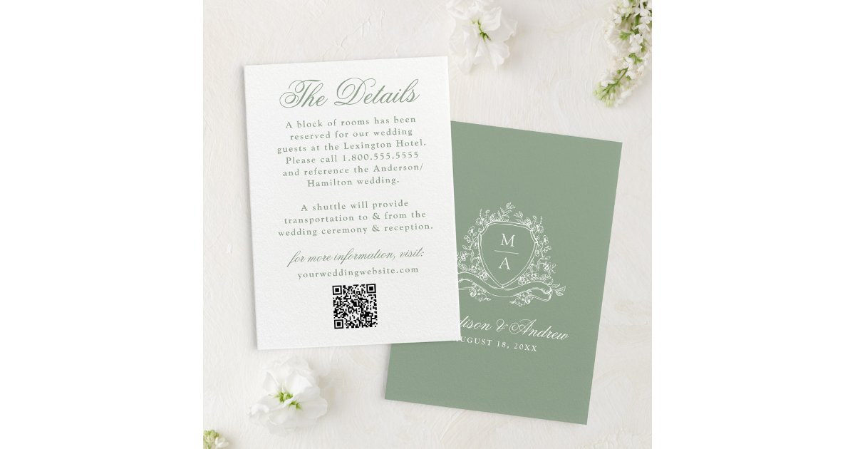 Elegant Sage Green Floral Crest Wedding Details Enclosure Card | Zazzle