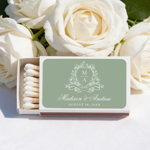 Elegant Sage Green Floral Crest Wedding Matchboxes
