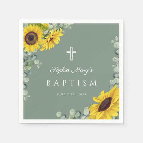 Elegant Sage Green Floral Cross Baptism Napkins