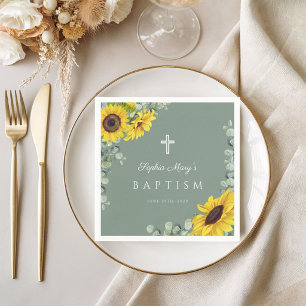 Elegant Sage Green Floral Cross Baptism Napkins