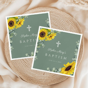 Elegant Sage Green Floral Cross Baptism Napkins