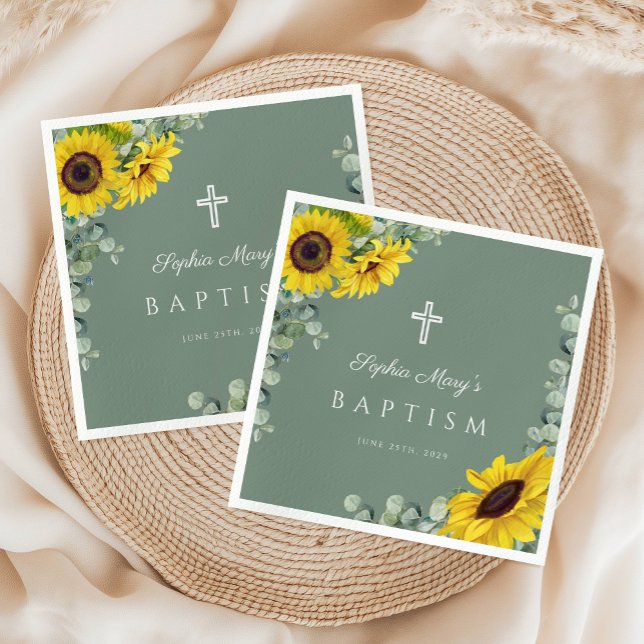 Elegant Sage Green Floral Cross Baptism Napkins (Elegant Sage Green Floral Cross Baptism Napkins)