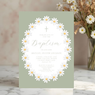 Elegant Sage Green Floral Daisies Boy Baptism Invitation