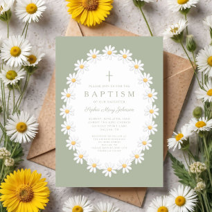Elegant Sage Green Floral Daisies Girl Baptism Invitation