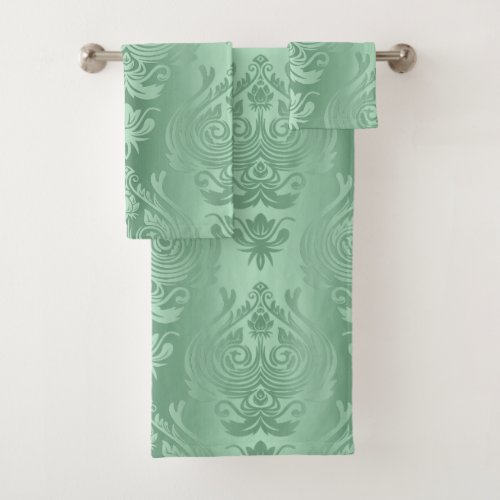 Elegant Sage Green Floral Damask Print Bath Towel Set