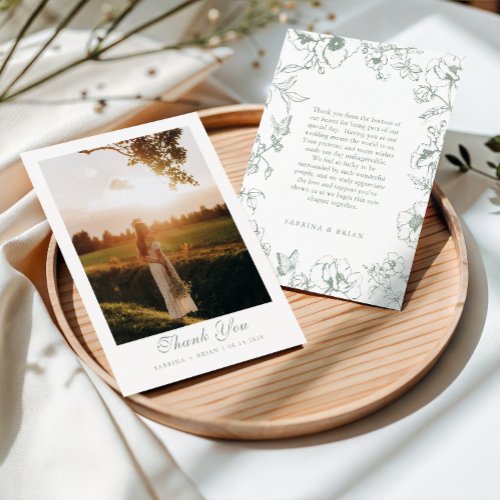 Elegant Sage Green Floral Garden Wedding Photo Thank You Card