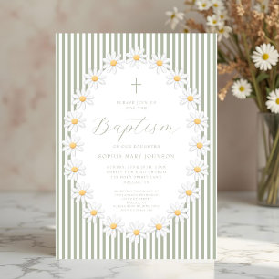 Elegant Sage Green Floral Girl Baptism Invitation