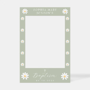 Elegant Sage Green Floral Girl Baptism Selfie Frame