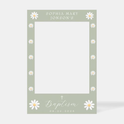 Elegant Sage Green Floral Girl Baptism Selfie Frame