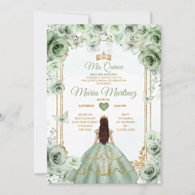 Elegant Sage Green Floral & Gold Quinceañera Invitation (Front)