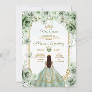 Elegant Sage Green Floral & Gold Quinceañera Invitation